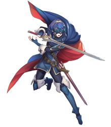Rule 34 | blue hair, cape, fingerless gloves, fire emblem, fire emblem awakening, fire emblem heroes, full body, gloves, highres, holding, holding sword, holding weapon, jewelry, lucina (fire emblem), maiponpon, marth (fire emblem awakening), mask, nintendo, official art, open mouth, sheath, short hair, solo, standing, sword, thighhighs, tiara, transparent background, weapon