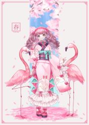 Rule 34 | 1girl, absurdres, akikawa higurashi, arm up, bird, blue eyes, blunt bangs, border, bow, brown hair, cherry blossoms, closed mouth, curly hair, dress, earrings, flamingo, footwear bow, frills, gem, gloves, headband, highres, holding, holding umbrella, japanese clothes, jewelry, kimono, long dress, long hair, long sleeves, looking at viewer, nail polish, neck ribbon, original, parasol, partially fingerless gloves, petals, ribbon, sleeve bow, smile, solo, twintails, umbrella, wide sleeves