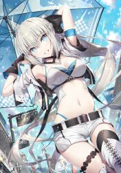 Rule 34 | 1girl, ahoge, alternate costume, belt, belt buckle, bikini, bikini under clothes, black belt, black ribbon, blue bikini, blue eyes, blue sky, blue umbrella, blush, braid, breasts, buckle, cleavage, cloud, commentary request, confetti, contemporary, day, fate/grand order, fate (series), french braid, gabiran, grey hair, grin, hair between eyes, hair ribbon, highleg, highleg bikini, highres, holding, holding umbrella, jacket, long hair, looking at viewer, medium breasts, morgan le fay (fate), navel, open clothes, open jacket, outdoors, parasol, ponytail, race queen, ribbon, short shorts, shorts, sidelocks, sky, smile, solo, stomach, swimsuit, umbrella, very long hair, white jacket, white shorts