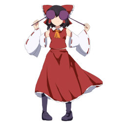 Rule 34 | 1girl, ascot, black hair, bow, covering privates, covering face, covering own eyes, detached sleeves, female focus, full body, hair bow, hakurei reimu, japanese clothes, magukappu, miko, orange ascot, simple background, skirt, solo, touhou, white background