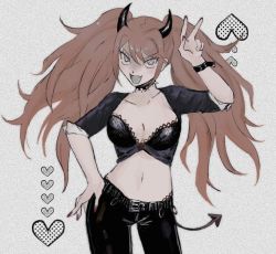 Rule 34 | 1girl, black horns, black pants, blonde hair, blue eyes, bow, breasts, cleavage, clothing request, collar, collarbone, commentary request, cowboy shot, danganronpa: trigger happy havoc, danganronpa (series), enoshima junko, fang, grey background, hair ornament, heart, horns, long hair, looking at viewer, nail polish, navel, necktie, pants, red nails, sema (vivaviva 02), simple background, skin fang, smile, solo, spiked collar, spikes, twintails, v