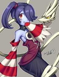 Rule 34 | 1girl, bare shoulders, blue skin, breasts, colored skin, detached collar, detached sleeves, dress, hair over one eye, iroyopon, leviathan (skullgirls), looking at viewer, monster girl, red eyes, side ponytail, sideboob, skull, skullgirls, small breasts, smile, squigly (skullgirls), stitched mouth, stitches, striped, striped sleeves, zombie