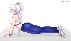 Rule 34 | 1girl, ass, back, blue eyes, blue leggings, bluefield, blush, braid, braided ponytail, breasts, earrings, highres, jewelry, leggings, pants, ponytail, rwby, shoes, sneakers, solo, sports bra, sweat, weiss schnee, white hair, yoga, yoga pants