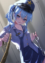 Rule 34 | 1girl, absurdres, black skirt, blue headwear, blue shirt, blush, breasts, collarbone, commentary request, hair between eyes, hair ribbon, hat, highres, hololive, hoshimachi suisei, medium hair, miniskirt, nisi ki no, open mouth, police, police hat, police uniform, ribbon, shirt, short sleeves, side ponytail, skirt, small breasts, smile, star (symbol), star in eye, symbol in eye, uniform, virtual youtuber