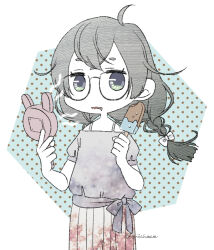 Rule 34 | 1girl, ahoge, border, bow, braid, brown skirt, cevio, cowboy shot, crossed bangs, drooling, floating hair, food, glasses, green eyes, grey eyes, grey hair, grey shirt, hair bow, hanakuma chifuyu, handheld electric fan, hands up, hexagon, holding, holding food, holding popsicle, long hair, looking at viewer, low twin braids, mouth drool, nishizumu hisoka, open mouth, outside border, patterned clothing, patterned hair, pleated skirt, polka dot, polka dot background, popsicle, puffy short sleeves, puffy sleeves, shirt, short sleeves, skirt, solo, spaghetti strap, standing, synthesizer v, tied shirt, twin braids, unmoving pattern, white border, white bow