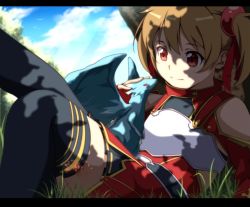 Rule 34 | 10s, 1girl, animal, armor, bad id, bad pixiv id, black thighhighs, breastplate, brown hair, grass, letterboxed, pina (sao), red eyes, short twintails, silica, sitting, smile, solo, sword art online, thighhighs, twintails, yuihara