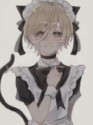 Rule 34 | 1boy, absurdres, animal ears, apron, blonde hair, blue eyes, blush, cat boy, cat ears, cat tail, closed mouth, crossdressing, ensemble stars!, highres, looking at viewer, maid, maid apron, maid headdress, male focus, short hair, short sleeves, smile, solo, tail, tenshouin eichi, unini mag