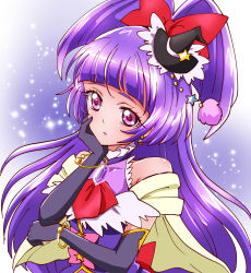 Rule 34 | 1girl, absurdres, bad id, bad pixiv id, black gloves, black hat, bow, capelet, cure magical, gloves, hair bow, hand on own face, hat, highres, izayoi liko, long hair, magical girl, mahou girls precure!, mini hat, mini witch hat, precure, purple eyes, purple hair, red bow, riko (mahou girls precure!), sharumon, solo, upper body, witch hat