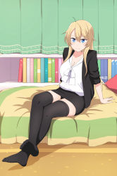 Rule 34 | 1girl, absurdres, bad id, bad pixiv id, bed, black jacket, black skirt, black thighhighs, blonde hair, blouse, blue eyes, book, closed mouth, full body, highres, jacket, messy hair, nathan stefv, new game!, pillow, shirt, sitting, skirt, smile, solo, thighhighs, white shirt, window shadow, yagami kou