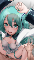 Rule 34 | 1boy, 1girl, absurdres, aqua eyes, aqua hair, arms up, artist name, bar censor, bed, breasts, censored, cleavage, clothing aside, collarbone, detached sleeves, donkichikin, hatsune miku, hetero, highres, leg grab, long hair, male pubic hair, missionary, on bed, open mouth, panties, panties aside, penis, ponytail, pubic hair, pussy, sex, striped clothes, striped panties, twintails, twitter username, underwear, vaginal, vocaloid