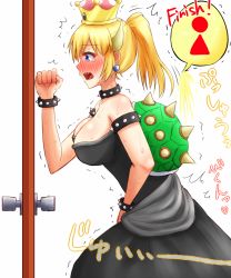 Rule 34 | 1girl, apotei, armlet, bare shoulders, between legs, black dress, blonde hair, blue eyes, blush, bowsette, bracelet, breasts, cleavage, clenched hand, collar, collarbone, crown, door, doorknob, dress, earrings, embarrassed, english text, female focus, from side, hand between legs, hand up, have to pee, horns, japanese text, jewelry, large breasts, mario (series), new super mario bros. u deluxe, nintendo, nose blush, open mouth, peeing, peeing self, ponytail, profile, sharp teeth, simple background, solo, speech bubble, spiked bracelet, spiked collar, spikes, standing, strapless, strapless dress, super crown, sweat, tears, teeth, translation request, trembling, urine meter, white background