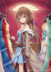 Rule 34 | 1girl, akkijin, aqua eyes, bare shoulders, belt, breasts, brown hair, closed mouth, collarbone, copyright name, dress, female focus, from side, hair ribbon, indoors, jacket, long hair, looking at viewer, looking to the side, mirror, off shoulder, official art, ribbon, shinkai no valkyrie, small breasts, solo, standing, twintails, watermark