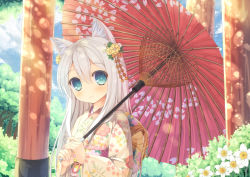Rule 34 | 1girl, animal ears, blue eyes, fox ears, highres, japanese clothes, kimono, long hair, oil-paper umbrella, original, silver hair, solo, taiki ken, umbrella