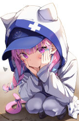 Rule 34 | 1girl, animal hood, baseball cap, blue hair, blue hat, blue nails, blush, braid, brown footwear, character print, closed mouth, commentary request, eyes visible through hair, full body, hands on own cheeks, hands on own face, hands up, hat, highres, hololive, hood, hood up, hooded jacket, jacket, long hair, long sleeves, looking at viewer, minato aqua, minato aqua (sailor), multicolored hair, nail polish, neko (minato aqua), pantyhose, pink hair, purple eyes, shoes, solo, squatting, squiggle, stick, summer tail720, twin braids, twintails, two-tone hair, virtual youtuber, white jacket, white pantyhose