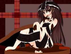 Rule 34 | 1girl, barefoot, blush, box, brown eyes, brown hair, chocolate, chocolate covered, chocolate on body, convenient censoring, fang, flat chest, image sample, knees up, long hair, naked chocolate, nude, open mouth, original, ribbon, sitting, solo, sukage, toes, tongue, valentine