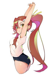 Rule 34 | 1girl, absurdres, alternate costume, arched back, arms up, ass, asymmetrical bangs, blush, breasts, buruma, closed mouth, cropped legs, dithering, from side, hair between eyes, hair ornament, head tilt, highres, long hair, looking at viewer, medium breasts, multicolored hair, nape, ponytail, red hair, shirt, sideways glance, signature, simple background, sionkilili, skull hair ornament, smile, solo, stretching, t-shirt, tareme, tengen toppa gurren lagann, thighs, two-tone hair, very long hair, wavy hair, white background, white shirt, yellow eyes, yoko littner
