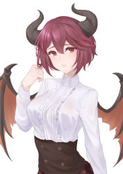 Rule 34 | 1girl, absurdres, arm at side, black horns, black wings, blush, breasts, center frills, clark (159123), clenched hand, corset, dragon girl, dragon wings, female focus, frilled shirt, frills, grea (shingeki no bahamut), hair between eyes, hand up, highres, horns, long sleeves, looking at viewer, manaria friends, medium breasts, neck, parted lips, purple eyes, purple hair, shingeki no bahamut, shirt, short hair, simple background, solo, upper body, white background, white shirt, wings