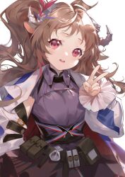 Rule 34 | 1girl, absurdres, ahoge, animal ears, arknights, black skirt, brown hair, collared shirt, cowboy shot, eyjafjalla (arknights), eyjafjalla the hvit aska (arknights), hand up, head tilt, highres, horns, jacket, layered sleeves, long hair, long sleeves, looking at viewer, official alternate costume, open clothes, open jacket, open mouth, ponytail, pouch, purple shirt, red eyes, sheep ears, sheep girl, sheep horns, shirt, short sleeves, simple background, skirt, solo, sparkling eyes, teeth, upper teeth only, v, white background, white jacket, woodylixx