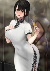 Rule 34 | 1girl, alcohol, back cutout, backless dress, backless outfit, black hair, blush, braid, breasts, brown eyes, champagne, champagne flute, china dress, chinese clothes, clothing cutout, covered navel, cup, dress, drinking glass, drunk, hair bun, hand on own chest, hayabusa, highres, holding, holding cup, large breasts, looking at viewer, mole, mole on arm, mole on cheek, nose blush, open mouth, original, reflection, short sleeves, side slit, sidelocks, single hair bun, smile, solo, sweatdrop, white dress, window