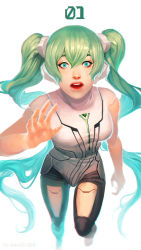 Rule 34 | 1girl, alternate costume, arucelli, backlighting, bodysuit, breasts, eyebrows, floating hair, green eyes, green hair, hair between eyes, hatsune miku, headset, highres, joints, lips, long hair, looking at viewer, medium breasts, nose, open mouth, robot joints, solo, song request, teeth, twintails, upper teeth only, very long hair, vocaloid, white background, wide-eyed