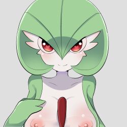 Rule 34 | 1girl, blush, bob cut, breasts, closed mouth, collarbone, colored skin, creatures (company), female focus, game freak, gardevoir, gen 3 pokemon, green hair, green skin, grey background, hair between eyes, hand on own chest, hand up, happy, heart, heart-shaped pupils, highres, large breasts, multicolored skin, nintendo, nipples, pokemon, pokemon (creature), red eyes, short hair, simple background, smile, solo, split mouth, straight-on, symbol-shaped pupils, two-tone skin, upper body, white skin, yutti (pixiv 92453386)