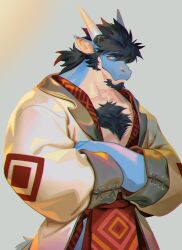 Rule 34 | 1boy, absurdres, another eidos-r, bara, black hair, blue scales, chest hair, chest tuft, cowboy shot, crossed arms, dragon boy, facial hair, folker (another eidos), furry, furry male, goatee, highres, japanese clothes, kimono, long sideburns, looking to the side, male focus, mature male, muscular, muscular male, neilos, pectoral cleavage, pectorals, pelvic curtain, ponytail, short hair, sideburns, solo, white kimono
