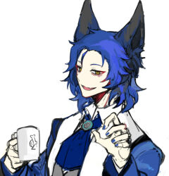 Rule 34 | 1boy, animal ears, ascot, blue ascot, blue hair, blue jacket, blue nails, chesed (project moon), claw pose, collared shirt, cup, dog ears, grin, holding, holding cup, jacket, lobotomy corporation, long sleeves, medium hair, mug, nishikujic, project moon, shirt, sidelocks, smile, solo, upper body, white shirt, yellow eyes