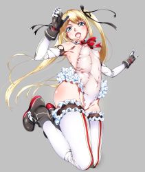 Rule 34 | 1girl, absurdres, armpits, blonde hair, blue eyes, blush, boots, breasts, cameltoe, covered erect nipples, dead or alive, dead or alive 5, elbow gloves, full body, gloves, hair ribbon, highres, leotard, long hair, looking at viewer, marie rose, niko (tama), nipples, ribbon, see-through, simple background, skin tight, small breasts, solo, thighhighs, white thighhighs