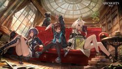 Rule 34 | 3girls, amiya (arknights), animal ear fluff, animal ears, arknights, bare shoulders, black jacket, black legwear, black shorts, blue eyes, blue hair, blush, book, bookshelf, brown hair, ch&#039;en (arknights), closed mouth, commentary, copyright name, couch, curtains, detached collar, doctor (arknights), dragon horns, fingerless gloves, from below, full body, gloves, green eyes, highres, horns, indoors, jacket, kal&#039;tsit (arknights), lack, long hair, material growth, multiple girls, official art, on floor, one eye closed, open clothes, open jacket, open mouth, oripathy lesion (arknights), pantyhose, rabbit ears, reading, red eyes, shin guards, shirt, short hair, shorts, sidelocks, sitting, stretching, tail, white shirt, window, wooden floor, yawning
