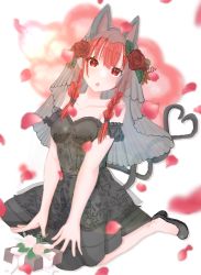 Rule 34 | 1girl, :o, animal ears, aoringo orin, blurry, blurry background, blurry foreground, braid, depth of field, dress, falling petals, flower, highres, kaenbyou rin, looking at viewer, open mouth, petals, pink flower, pink rose, red eyes, red flower, red hair, red rose, rose, rose petals, tail, touhou, twin braids