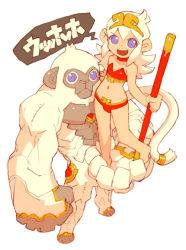 Rule 34 | 1girl, blue eyes, flat chest, monkey, nakayama tooru, original, staff, swimsuit, weapon, white hair