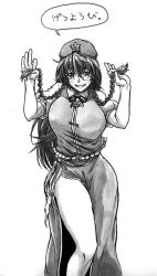 Rule 34 | 1girl, beret, braid, breasts, chinese clothes, frilled shirt, frills, greyscale, grin, hair between eyes, hand up, hat, hip focus, hong meiling, koyubi (littlefinger1988), large breasts, long hair, long skirt, looking at viewer, monochrome, playing with own hair, ribbon, shirt, short sleeves, side slit, skirt, smile, solo, star (symbol), tangzhuang, thighs, touhou, translation request, twin braids, very long hair
