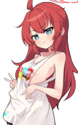Rule 34 | 1girl, amai nekuta, apron, bare arms, bare shoulders, blue archive, blue eyes, breasts, closed mouth, commentary, cowboy shot, halo, looking at viewer, maki (blue archive), naked apron, official alternate costume, red hair, red halo, simple background, small breasts, smile, solo, v, white background