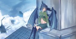 Rule 34 | 10s, 1girl, adapted costume, animal hands, blue hair, blush, breasts, cloud, dragon girl, dragon horns, dragon tail, dragon wings, green kimono, green skirt, groin, hair ribbon, highres, horns, impossible clothes, japanese clothes, jpeg artifacts, kantai collection, kimono, large breasts, looking at viewer, midriff, monster girl, monster girl encyclopedia, monsterification, navel, paundo2, pleated skirt, ribbon, sitting, skirt, smile, solo, souryuu (kancolle), tail, twintails, wings, wyvern (monster girl encyclopedia)