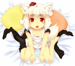 Rule 34 | 1 mutsuki, 1girl, :o, barefoot, bed, downblouse, eyebrows, fang, feet, female focus, frilled pillow, frills, from above, inubashiri momiji, looking at viewer, looking up, on bed, open mouth, pillow, single sock, single thighhigh, sitting, sock pull, socks, unworn socks, solo, thighhighs, touhou, underwear, wariza, wolf ears