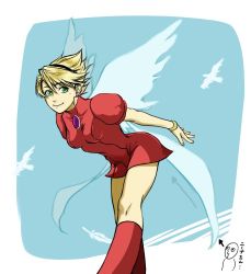 Rule 34 | 1girl, angel wings, bird, blonde hair, boots, bracelet, breasts, breath of fire, breath of fire iii, closed mouth, commentary request, dress, feathers, green eyes, hairband, jewelry, knee boots, lowres, nina (breath of fire iii), short hair, smile, solo, white wings, wings