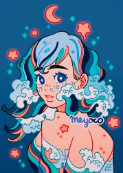 Rule 34 | + +, 1girl, artist name, bad id, bad twitter id, bare back, blue background, blue eyes, constellation, crescent, freckles, from behind, gradient background, long sleeves, looking at viewer, looking back, meyoco, multicolored hair, off shoulder, original, parted lips, smile, solo, star (symbol), streaked hair, upper body