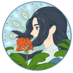 Rule 34 | 1boy, black eyes, black hair, circle, floating hair, flower, leaf, long hair, luo xiaohei zhanji, luxiao ao, male focus, plant, portrait, profile, red flower, round image, solo, wuxian (the legend of luoxiaohei)