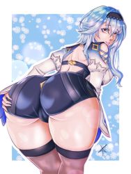 Rule 34 | 1girl, aqua hair, aricsart, ass, ass grab, bare shoulders, bent over, breasts, cameltoe, come hither, deep skin, eula (genshin impact), from behind, genshin impact, hairband, highres, huge ass, large breasts, leaning, leaning forward, leotard, long hair, looking at viewer, parted lips, shiny clothes, shiny skin, sideboob, smile, solo, thick thighs, thighhighs, thighs, yellow eyes