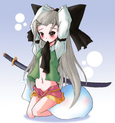 Rule 34 | 1girl, bow, gender request, genderswap, ghost, hair bow, katana, kneeling, konpaku youki, long hair, midriff, mouth hold, naik, navel, open clothes, open shirt, red eyes, shirt, silver hair, solo, sword, touhou, weapon