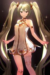 Rule 34 | 1girl, armlet, bare shoulders, black background, brown eyes, closed mouth, dress, gold bowtie, gold choker, gold trim, gramophone miku, green hair, hair ornament, hatsune miku, highres, long hair, miku symphony (vocaloid), see-through, see-through dress, single thighhigh, smile, solo, sparkle, strapless, strapless dress, tananuki, thighhighs, thighlet, twintails, very long hair, vocaloid, white dress, white thighhighs