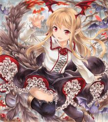 Rule 34 | 10s, 1girl, bat (animal), bat wings, black skirt, black thighhighs, blonde hair, boots, collared shirt, cross-laced clothes, fang, flower, frilled skirt, frills, granblue fantasy, head wings, long hair, long sleeves, looking at viewer, marker (medium), multiple tails, paw pose, pointy ears, red eyes, red flower, red rose, rose, shingeki no bahamut, shirt, skirt, solo, tail, thighhighs, traditional media, tree, vampire, vampy, white shirt, wings, yukitsuki kokoro