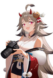 Rule 34 | 1girl, :d, absurdres, ahoge, alexhiro, azur lane, bare shoulders, breasts, brown hair, camera, cowboy shot, detached sleeves, fang, hair ornament, hibiki (azur lane), highres, holding, holding camera, horns, japanese clothes, kimono, looking back, medium breasts, obi, open clothes, open mouth, pink eyes, red sleeves, sash, simple background, skin fang, smile, solo, spiked hair, white background, wide sleeves