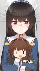 Rule 34 | 10s, 1girl, :d, absurdres, alternate costume, black gloves, black hair, brown eyes, brown hair, c:, carrying, character doll, choukai (jmsdf), choukai (kancolle), commentary request, detached sleeves, hugging doll, glasses, gloves, hairband, hat, highres, kantai collection, kirishima (kancolle), kongou (kancolle), long hair, looking at viewer, myoukou (kancolle), nontraditional miko, hugging object, open mouth, sailor hat, school uniform, serafuku, short hair, smile, solo, yukichi (sukiyaki39)