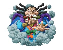 Rule 34 | 1boy, black hair, crescent, japanese clothes, looking at viewer, male focus, mouth hold, official art, one piece, one piece treasure cruise, raizo (one piece), scroll, smoke, solo, teeth