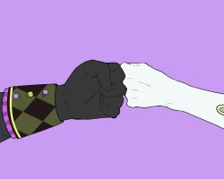 Rule 34 | 1boy, 1girl, black gloves, clenched hand, commentary, fist bump, gloves, highres, kamishiro rui, kusanagi nene, long sleeves, out of frame, project sekai, pudding crush, purple background, simple background, white gloves