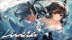 Rule 34 | 1girl, black hair, blue nails, breasts, character name, cleavage, dated, detached sleeves, dress, earrings, hair ornament, jewelry, long hair, lucia: plume (dance of ripplets) (punishing: gray raven), medium breasts, parted lips, punishing: gray raven, red eyes, underwater, white dress, white sleeves, yan bai tai