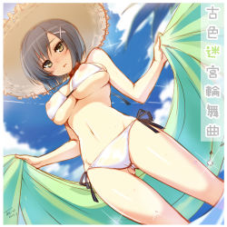 Rule 34 | 1girl, artist name, bikini, black hair, blush, breasts, copyright name, dated, female focus, furuiro meikyuu rondo, groin, hat, highres, himeno mihoshi, holding, large breasts, looking at viewer, open towel, short hair, side-tie bikini bottom, signature, sketch, solo, standing, straw hat, swimsuit, tel-o, text focus, towel, translated, yellow eyes