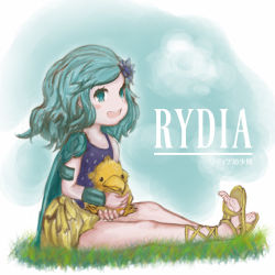 Rule 34 | 1girl, animal, aqua cape, aqua eyes, aqua hair, armor, barefoot, bird, blue flower, blue leotard, bracelet, cape, character name, chick, child, chocobo, commentary request, feet, final fantasy, final fantasy iv, flower, full body, grass, hair flower, hair ornament, holding, holding animal, jewelry, leotard, long hair, looking at viewer, looking to the side, no legwear, open mouth, pauldrons, rydia (ff4), sandals, sarmar, shoes, shoulder armor, sitting, skirt, smile, swept bangs, toes, wavy hair, yellow footwear, yellow skirt