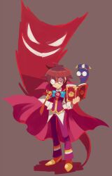 Rule 34 | 1boy, blue bow, book, bow, bowtie, brown background, cape, clock, collared shirt, dadadanoda, expressionless, full body, glasses, hair between eyes, hand on own hip, highres, holding, holding book, klug (puyopuyo), long sleeves, male focus, messy hair, opaque glasses, partially opaque glasses, puyopuyo, red cape, red eyes, red hair, round eyewear, shirt, short hair, simple background, sleeve cuffs, solo, standing, strange klug, vest, white shirt